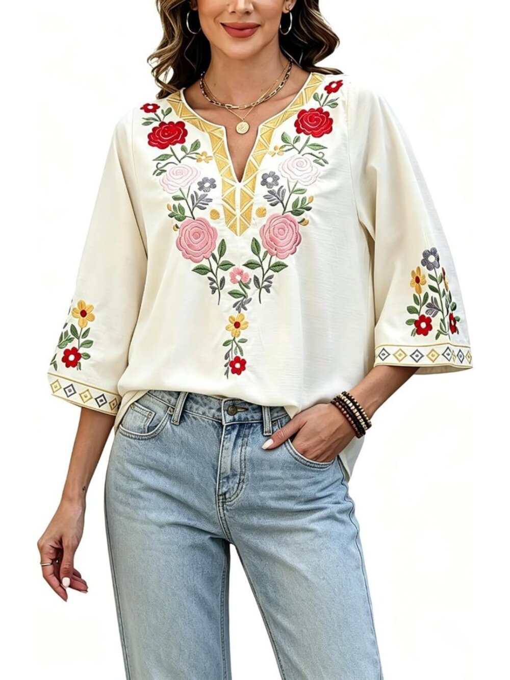 Boho Floral Embroidered 3/4 Sleeve Peasant Blouse with Adjustable Waist Tie